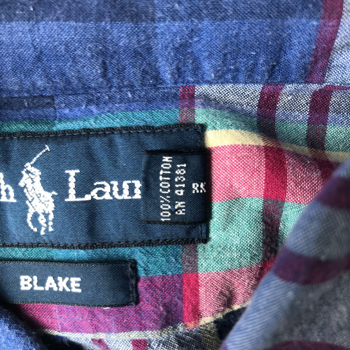 2000'S Ralph Lauren BLAKE Short-Sleeve Button-Down Check Shirt, Men's Size XL (approx.) cotton navy blue type Vintage Second Hand