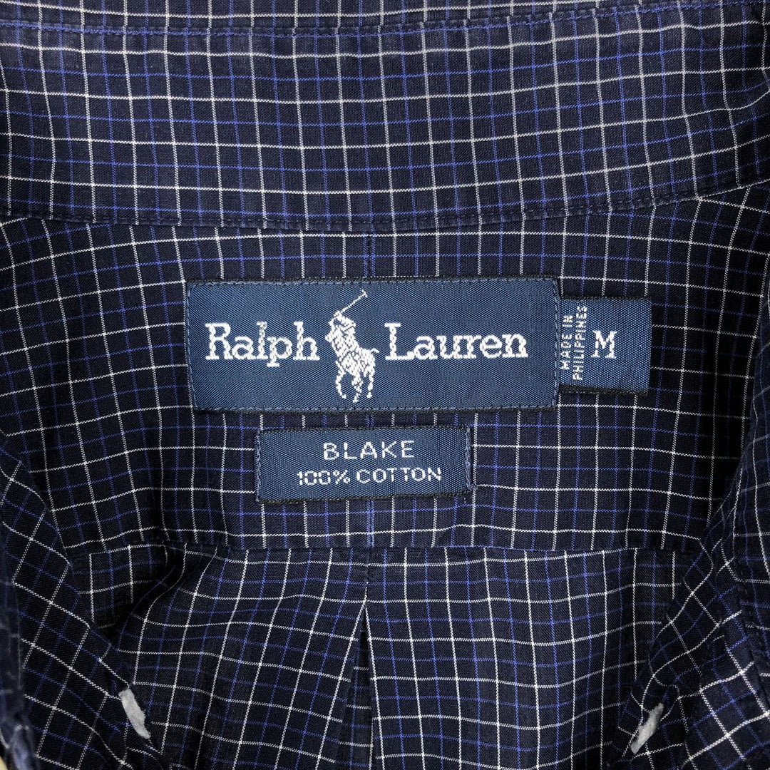 Ralph Lauren BLAKE short sleeve button down check shirt, men's size M cotton navy blue type Vintage Second Hand