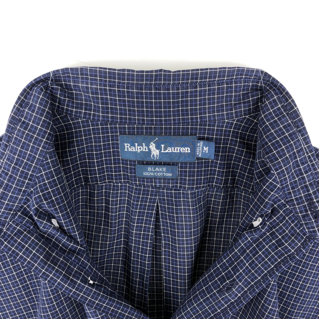 Ralph Lauren BLAKE short sleeve button down check shirt, men's size M cotton navy blue type Vintage Second Hand
