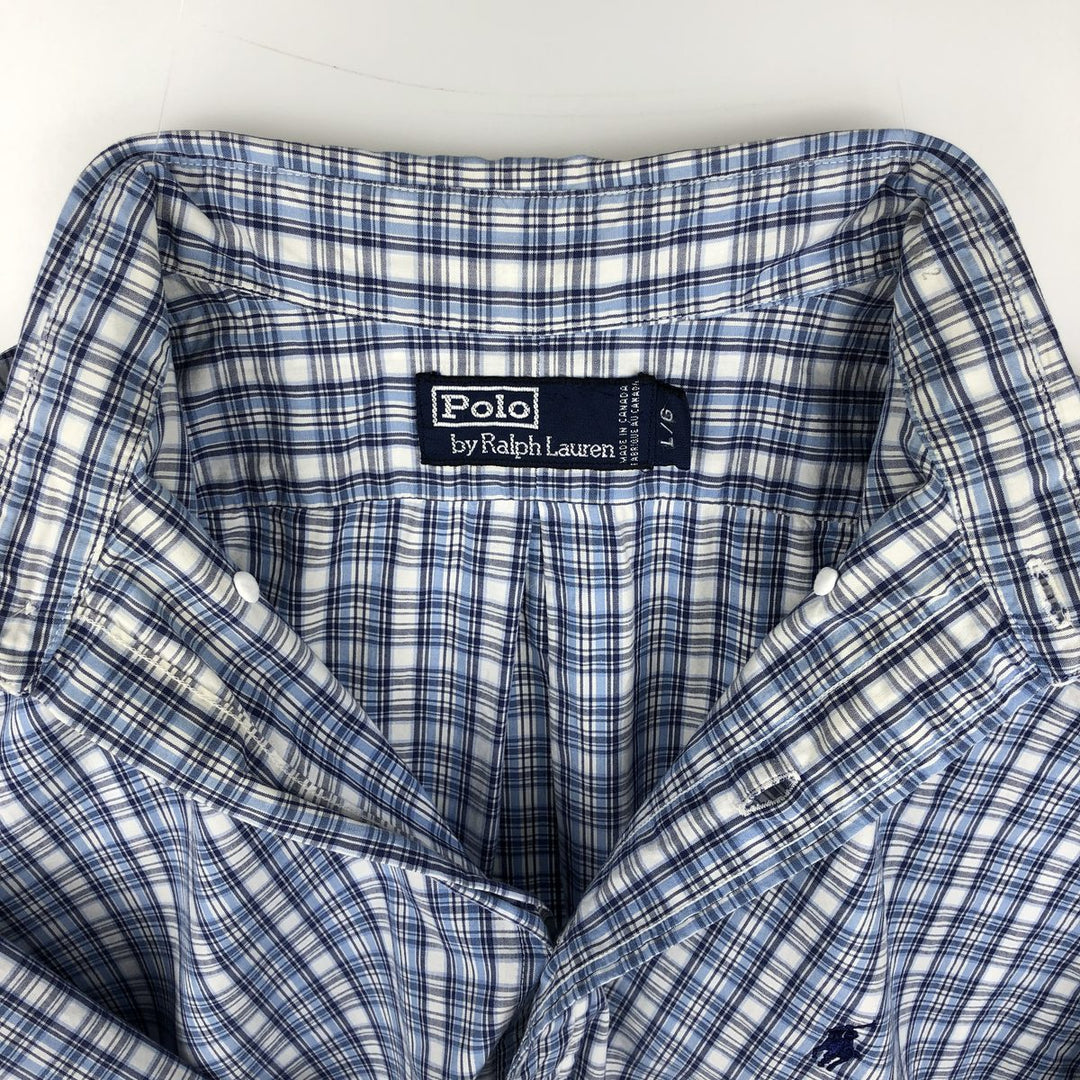 Ralph Lauren POLO by Ralph Lauren short sleeve button down check shirt made in Canada men's size L cotton Blue type light blue Vintage Second Hand