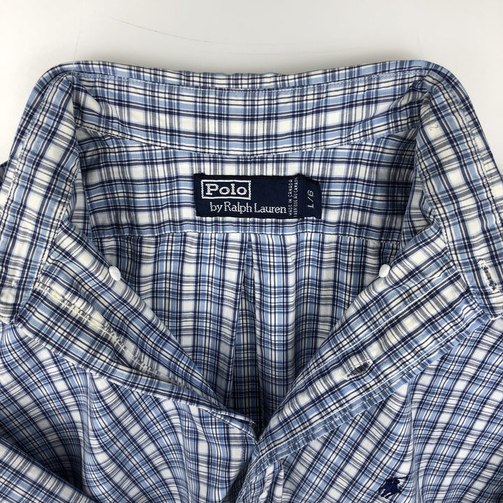 Ralph Lauren POLO by Ralph Lauren short sleeve button down check shirt made in Canada men's size L cotton Blue type light blue Vintage Second Hand