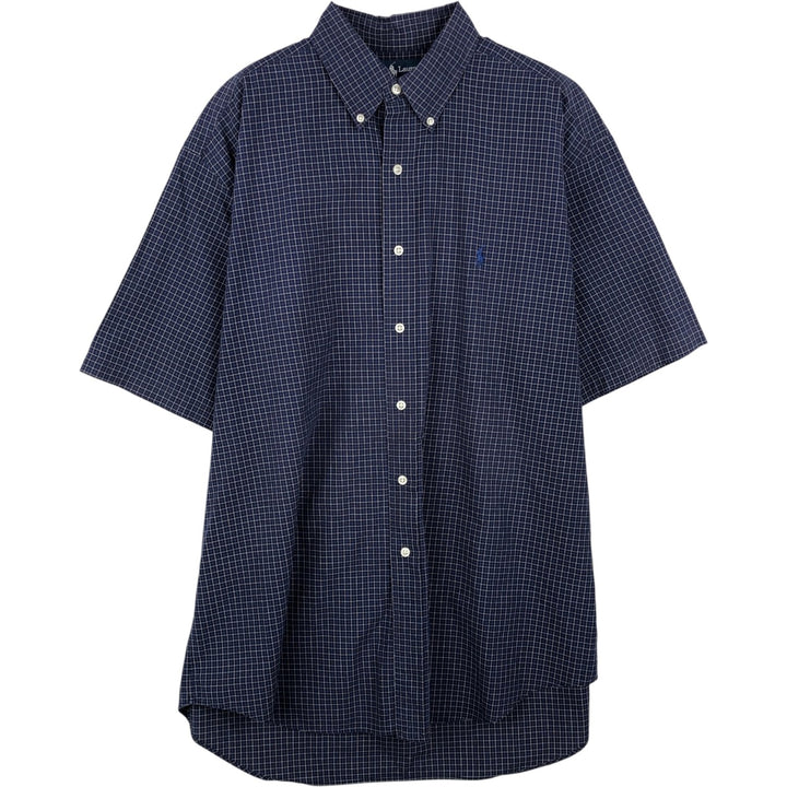 Ralph Lauren BLAKE short sleeve button down check shirt, men's size L cotton navy blue type Vintage Second Hand