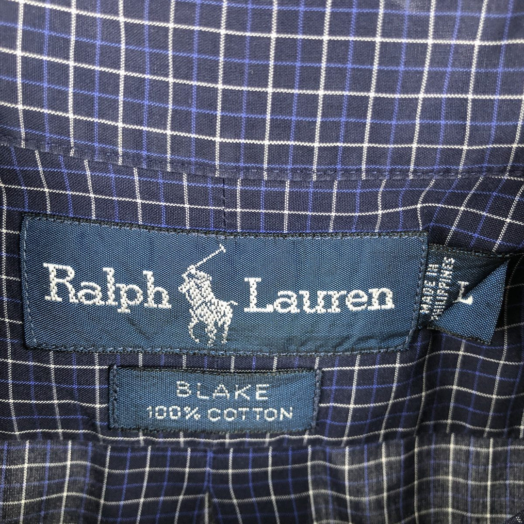 Ralph Lauren BLAKE short sleeve button down check shirt, men's size L cotton navy blue type Vintage Second Hand