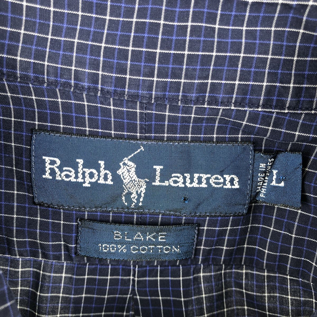 Ralph Lauren BLAKE short sleeve button down check shirt, men's size L cotton navy blue type Vintage Second Hand