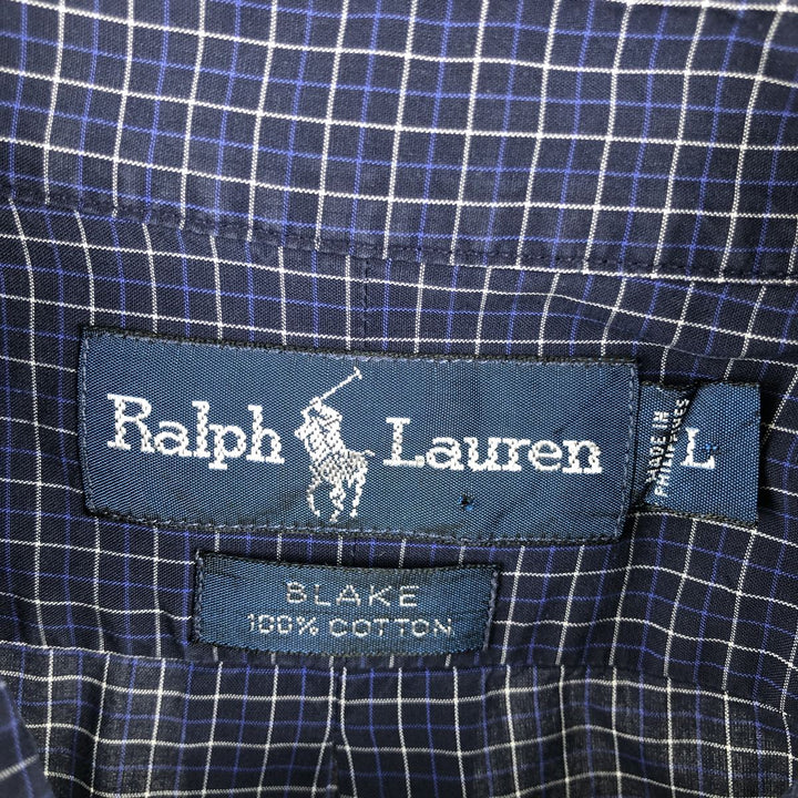 Ralph Lauren BLAKE short sleeve button down check shirt, men's size L cotton navy blue type Vintage Second Hand
