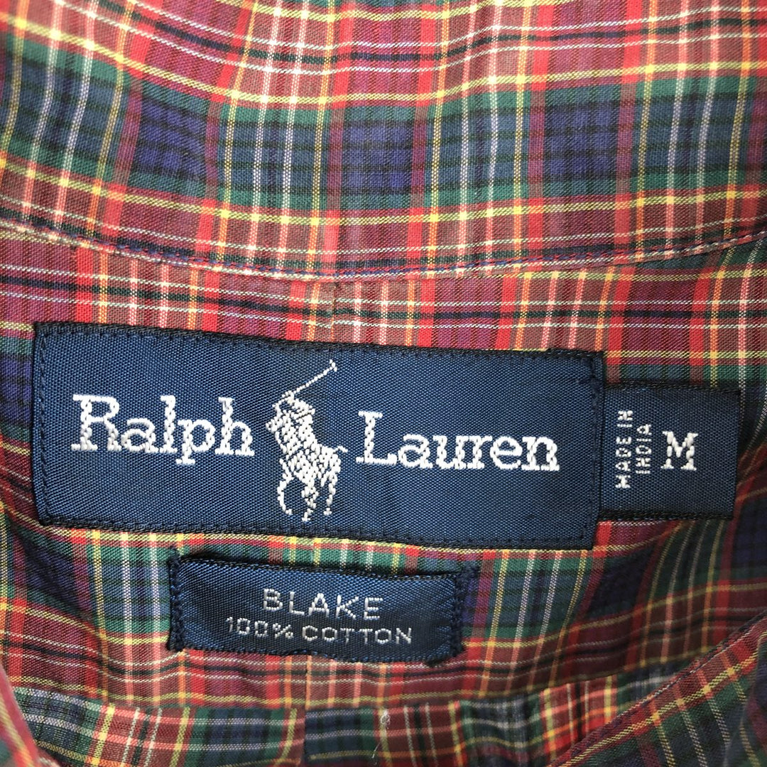 Ralph Lauren BLAKE short sleeve button down check shirt, men's size M cotton navy blue type Vintage Second Hand
