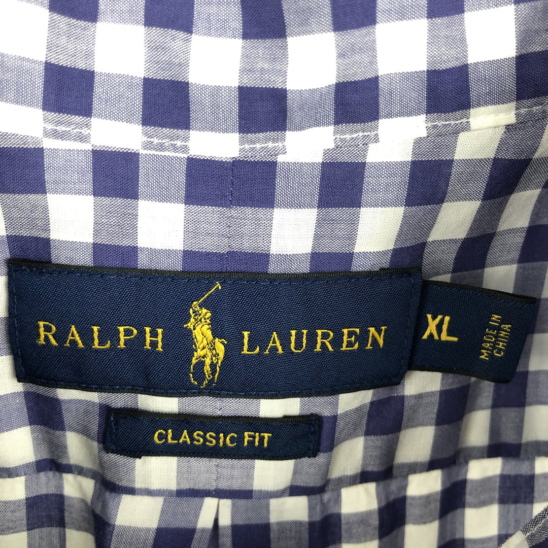 Ralph Lauren CLASSIC FIT Gingham Check Short-Sleeve Button-Down Check Shirt (Men's Size XL) cotton blue type Vintage Second Hand