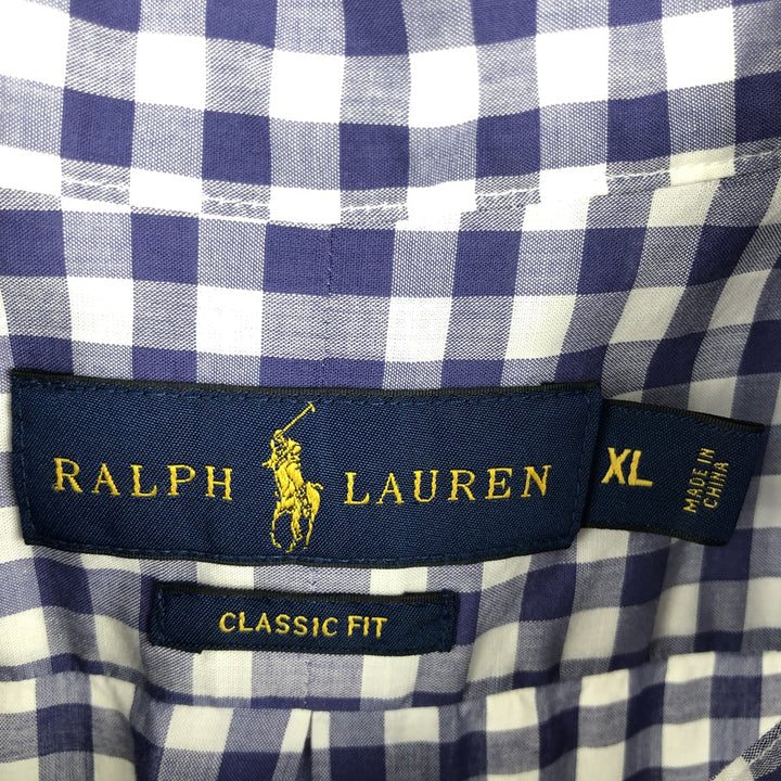 Ralph Lauren CLASSIC FIT Gingham Check Short-Sleeve Button-Down Check Shirt (Men's Size XL) cotton blue type Vintage Second Hand