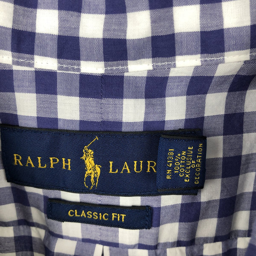 Ralph Lauren CLASSIC FIT Gingham Check Short-Sleeve Button-Down Check Shirt (Men's Size XL) cotton blue type Vintage Second Hand