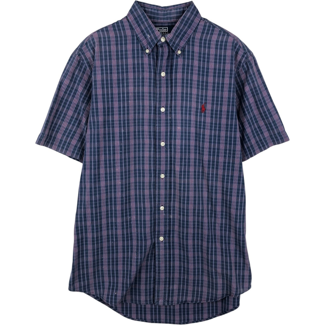 Ralph Lauren POLO by Ralph Lauren CUSTOM FIT Short-Sleeve Button-Down Check Shirt, Men's Size M (approx.) cotton purple type Vintage Second Hand