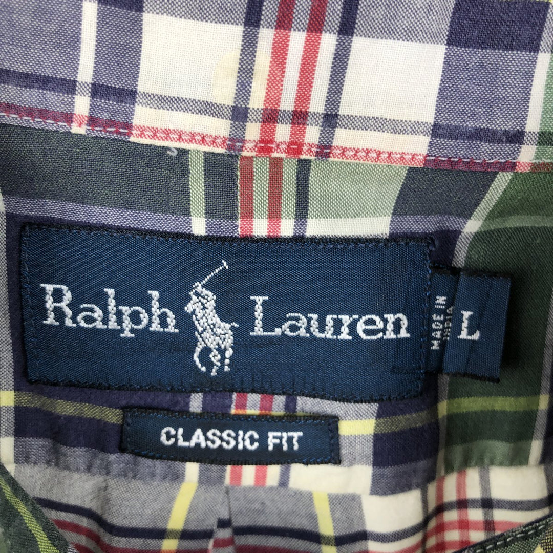 Ralph Lauren Classic Fit Short Sleeve Button Down Check Shirt Men's Size L cotton navy blue type Vintage Second Hand