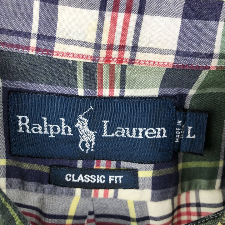 Ralph Lauren Classic Fit Short Sleeve Button Down Check Shirt Men's Size L cotton navy blue type Vintage Second Hand