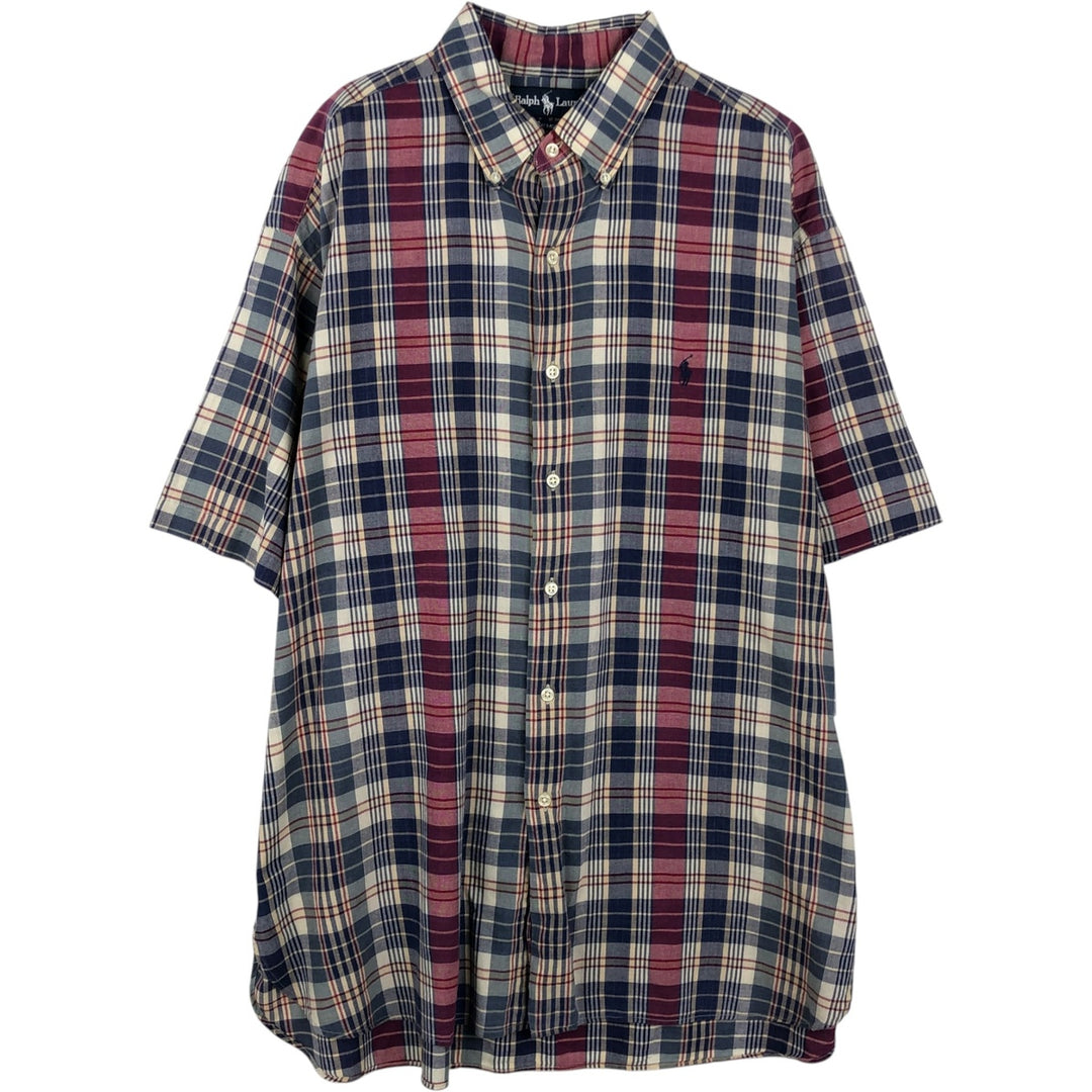 Ralph Lauren MCMEEL Short-Sleeve Button-Down Check Shirt, Men's Size XL (approx.) cotton navy blue type Vintage Second Hand