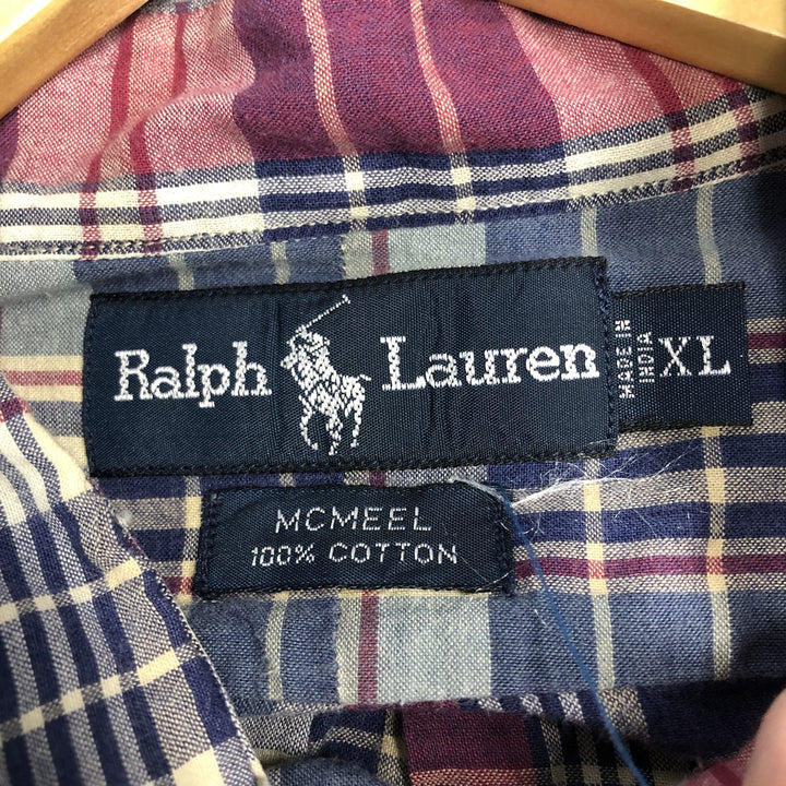 Ralph Lauren MCMEEL Short-Sleeve Button-Down Check Shirt, Men's Size XL (approx.) cotton navy blue type Vintage Second Hand
