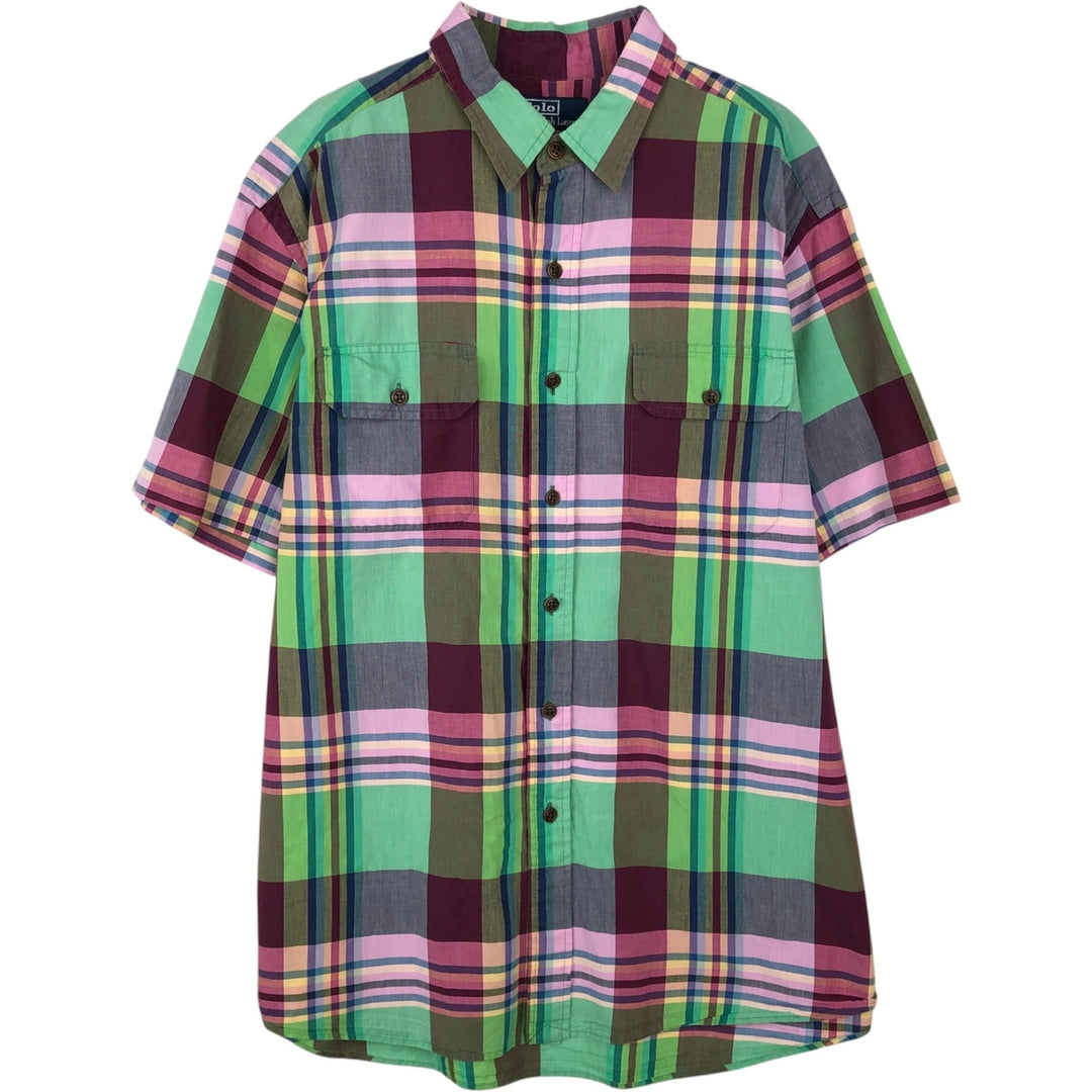 Ralph Lauren POLO by Ralph Lauren Madras Check Short-Sleeve Cotton Check Shirt, Men's Size XL (approx.) cotton purple type Vintage Second Hand