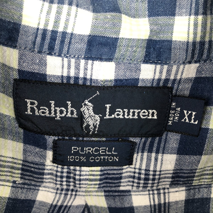 Ralph Lauren PURCELL pullover short-sleeved button-down check shirt, men's size XL (approx.) cotton navy blue type Vintage Second Hand