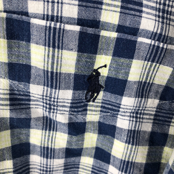 Ralph Lauren PURCELL pullover short-sleeved button-down check shirt, men's size XL (approx.) cotton navy blue type Vintage Second Hand