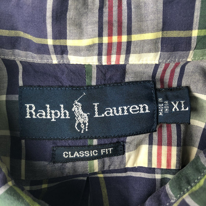 Ralph Lauren Classic Fit short sleeve button down check shirt, men's size XL cotton navy blue type Vintage Second Hand