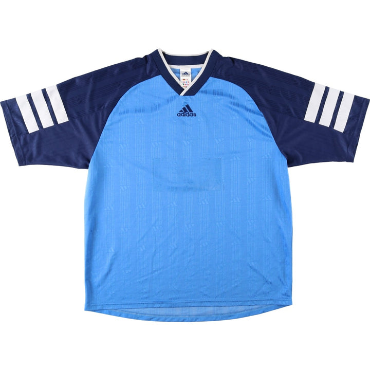 90s-00'S Adidas stripe pattern all-over print V-neck soccer uniform game shirt, men's size XL equivalent. polyester blue type Vintage Second Hand