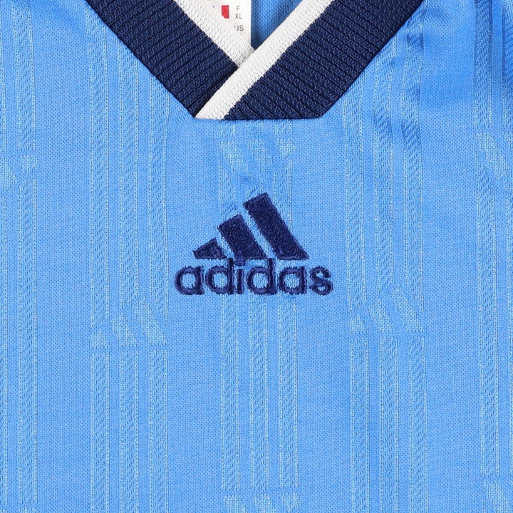 90s-00'S Adidas stripe pattern all-over print V-neck soccer uniform game shirt, men's size XL equivalent. polyester blue type Vintage Second Hand