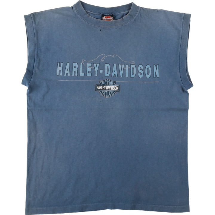 Harley-Davidson Sleeveless Motorcycle T-Shirt, Made in USA, Men's Size L (Equivalent), Vintage cotton blue type Vintage Second Hand