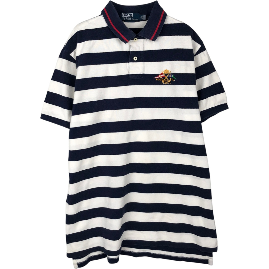 Ralph Lauren POLO by Ralph Lauren short sleeve striped polo shirt, men's XL size cotton navy blue type Vintage Second Hand