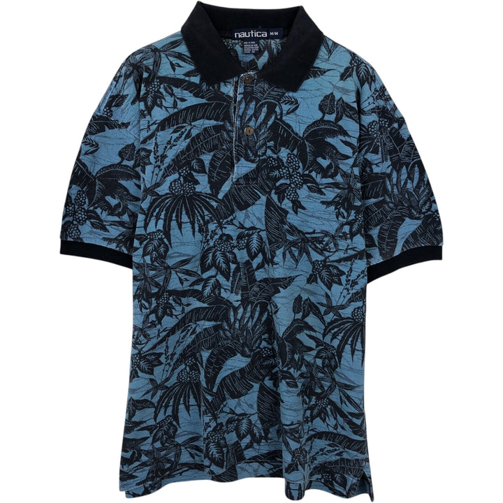 90'S Nautica short-sleeved polo shirt with all-over botanical pattern, men's size M equivalent, vintage. cotton blue type Vintage Second Hand