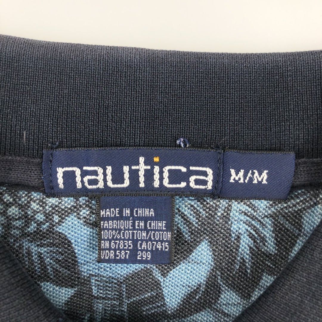 90'S Nautica short-sleeved polo shirt with all-over botanical pattern, men's size M equivalent, vintage. cotton blue type Vintage Second Hand