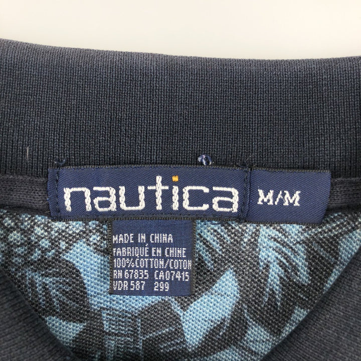 90'S Nautica short-sleeved polo shirt with all-over botanical pattern, men's size M equivalent, vintage. cotton blue type Vintage Second Hand
