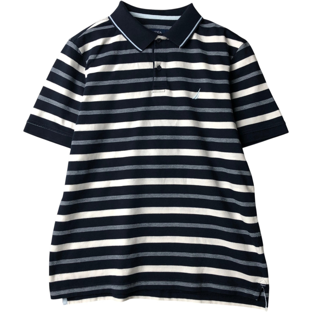 2000'S Nautica Short-Sleeve Striped Polo Shirt, Men's Size L (approx.) cotton navy blue type Vintage Second Hand
