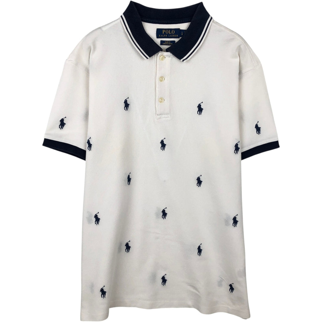 Ralph Lauren POLO RALPH LAUREN SLIM FIT all-over print short-sleeved polo shirt, men's size L (approx.) cotton white type Vintage Second Hand