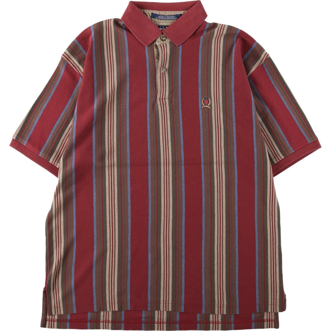 1990'S Tommy Hilfiger Multi-Striped Short-Sleeve Polo Shirt, Men's Size L (Equivalent), Vintage cotton wine-red Vintage Second Hand
