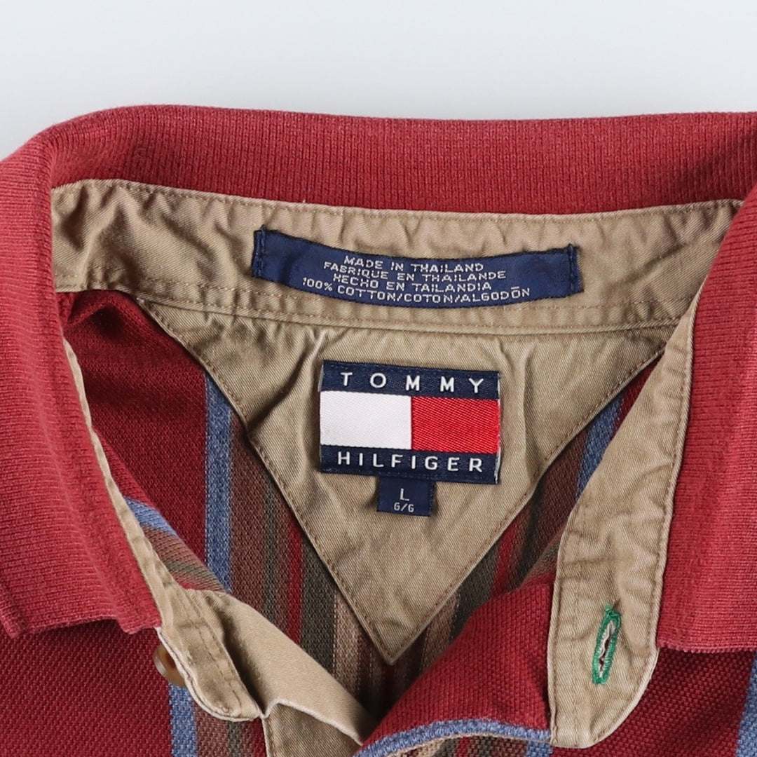 1990'S Tommy Hilfiger Multi-Striped Short-Sleeve Polo Shirt, Men's Size L (Equivalent), Vintage cotton wine-red Vintage Second Hand