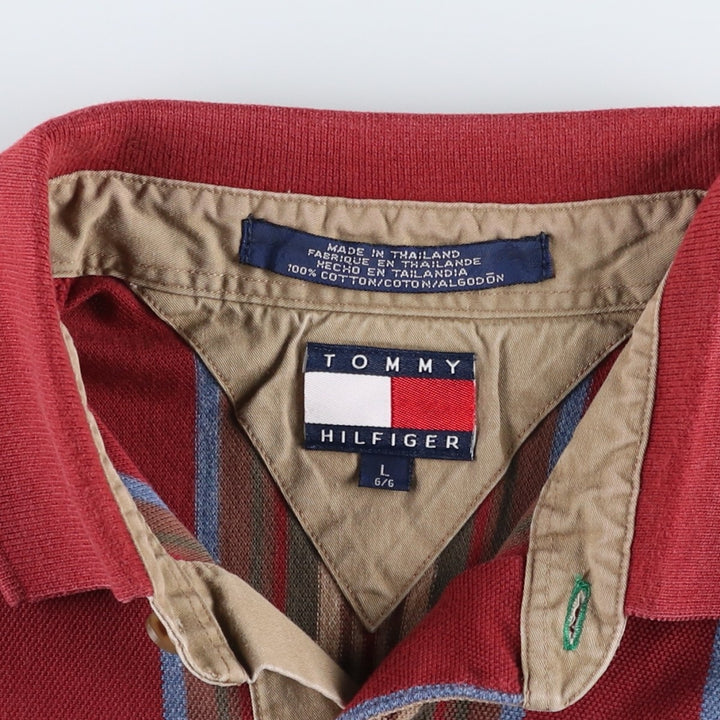 1990'S Tommy Hilfiger Multi-Striped Short-Sleeve Polo Shirt, Men's Size L (Equivalent), Vintage cotton wine-red Vintage Second Hand