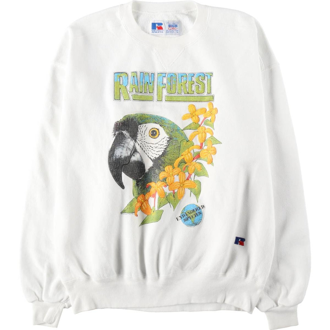 90'S Russell High Cotton Bird Print Animal Sweatshirt, Made in USA, Men's Size L (approx.), Vintage cotton white type Vintage Second Hand