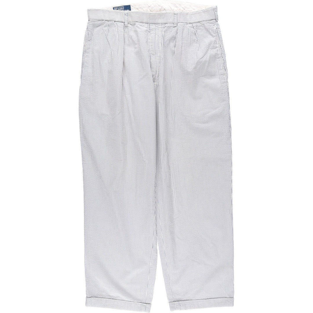 Ralph Lauren POLO by Ralph Lauren striped seersucker two-pleat cotton slacks, men's size W35. cotton Blue type light blue Vintage Second Hand