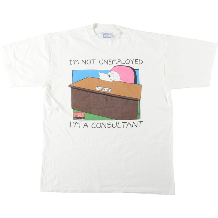 90'S All Sport DILBERT Character Print T-Shirt, Made in USA, Men's XL equivalent, Vintage cotton white type Vintage Second Hand