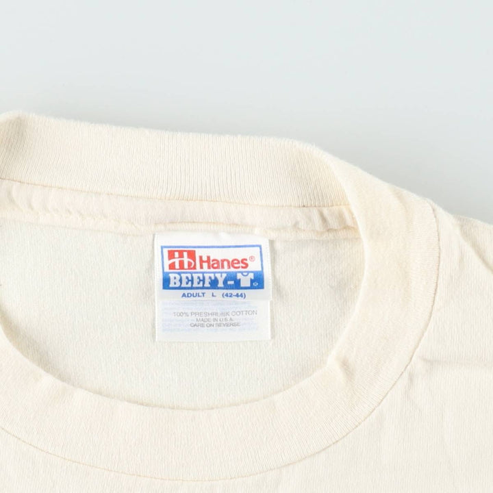 90'S Hanes BEEFY-T Printed T-shirt, Made in USA, Men's L size, Vintage cotton unbleached Vintage Second Hand
