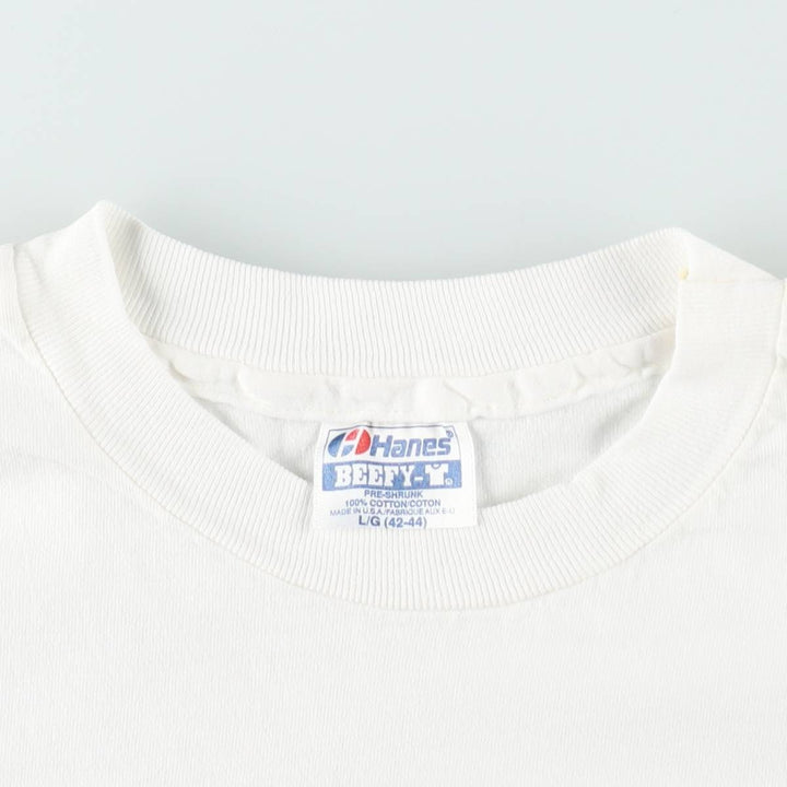 90'S Hanes BEEFY-T Printed T-shirt, Made in USA, Men's L size, Vintage cotton white type Vintage Second Hand
