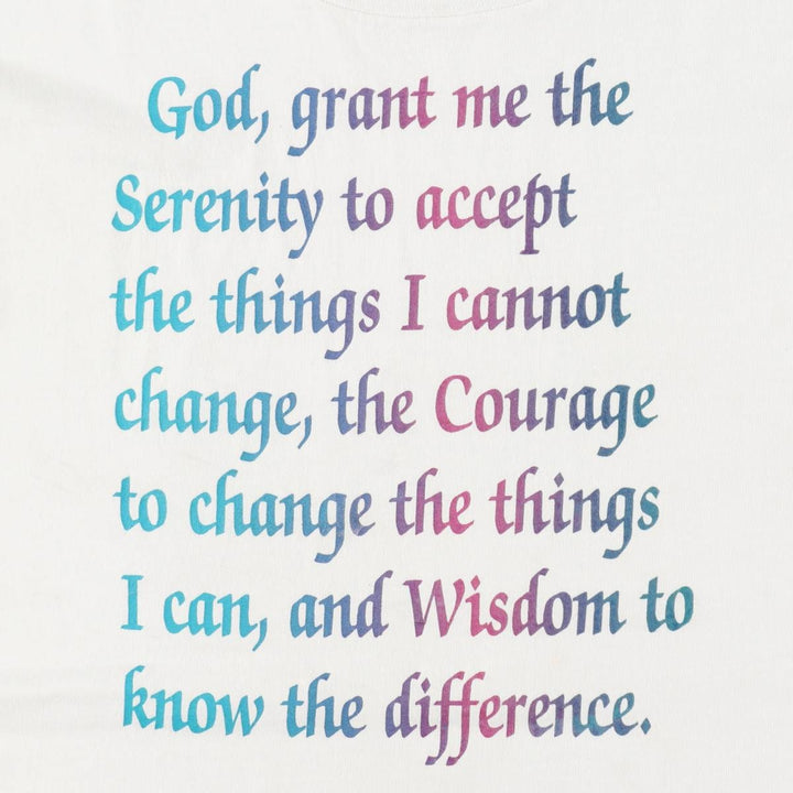 90'S Fruit of the Loom BEST Serenity Prayer (Reincarnation Prayer) Print T-Shirt, Made in USA, Men's XL equivalent, Vintage cotton white type Vintage Second Hand