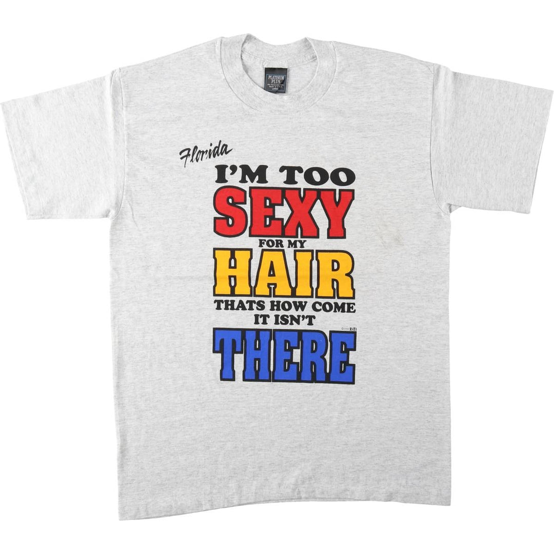 90'S PLATINUM PLUS parody print T-shirt, made in USA, men's size L equivalent, vintage. cotton gray type Vintage Second Hand