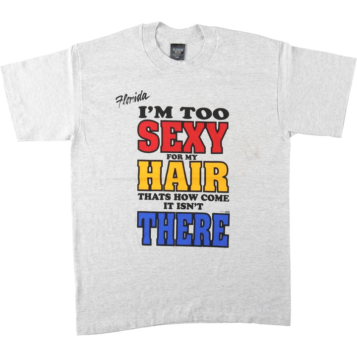 90'S PLATINUM PLUS parody print T-shirt, made in USA, men's size L equivalent, vintage. cotton gray type Vintage Second Hand