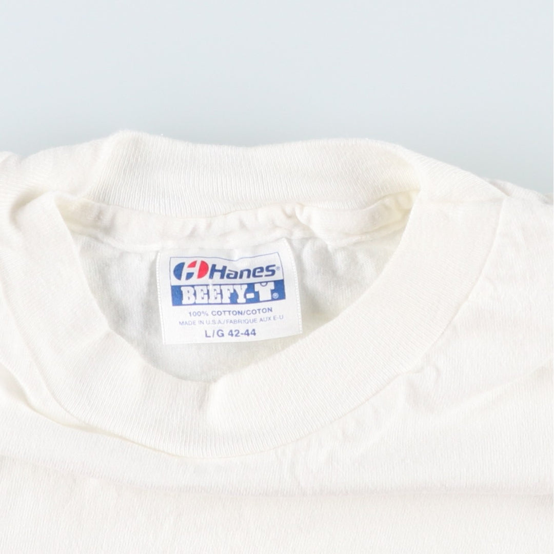 90'S Hanes BEEFY-T Printed T-shirt, Made in USA, Men's L size, Vintage cotton white type Vintage Second Hand