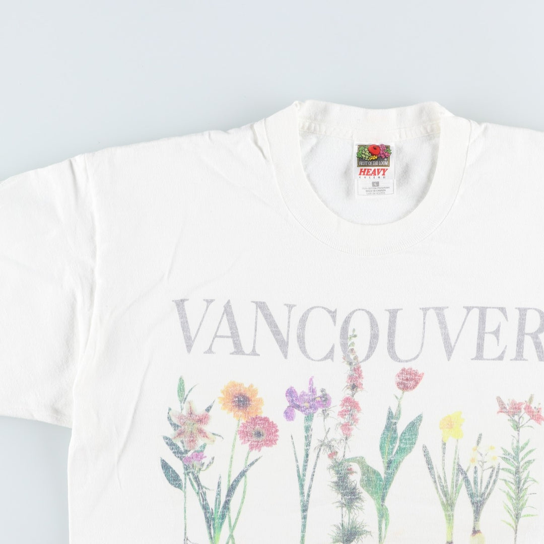 90'S Fruit of the Loom Heavy Cotton Floral Print T-Shirt, Made in Canada, Men's Size L (approx.), Vintage cotton white type Vintage Second Hand