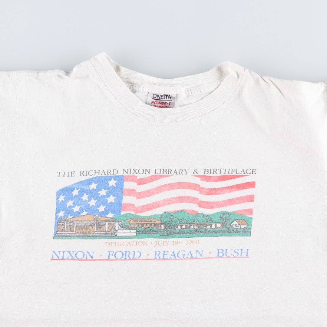 90'S ONEITA POWER-T American flag print T-shirt, Made in USA, Men's XL equivalent, Vintage cotton white type Vintage Second Hand
