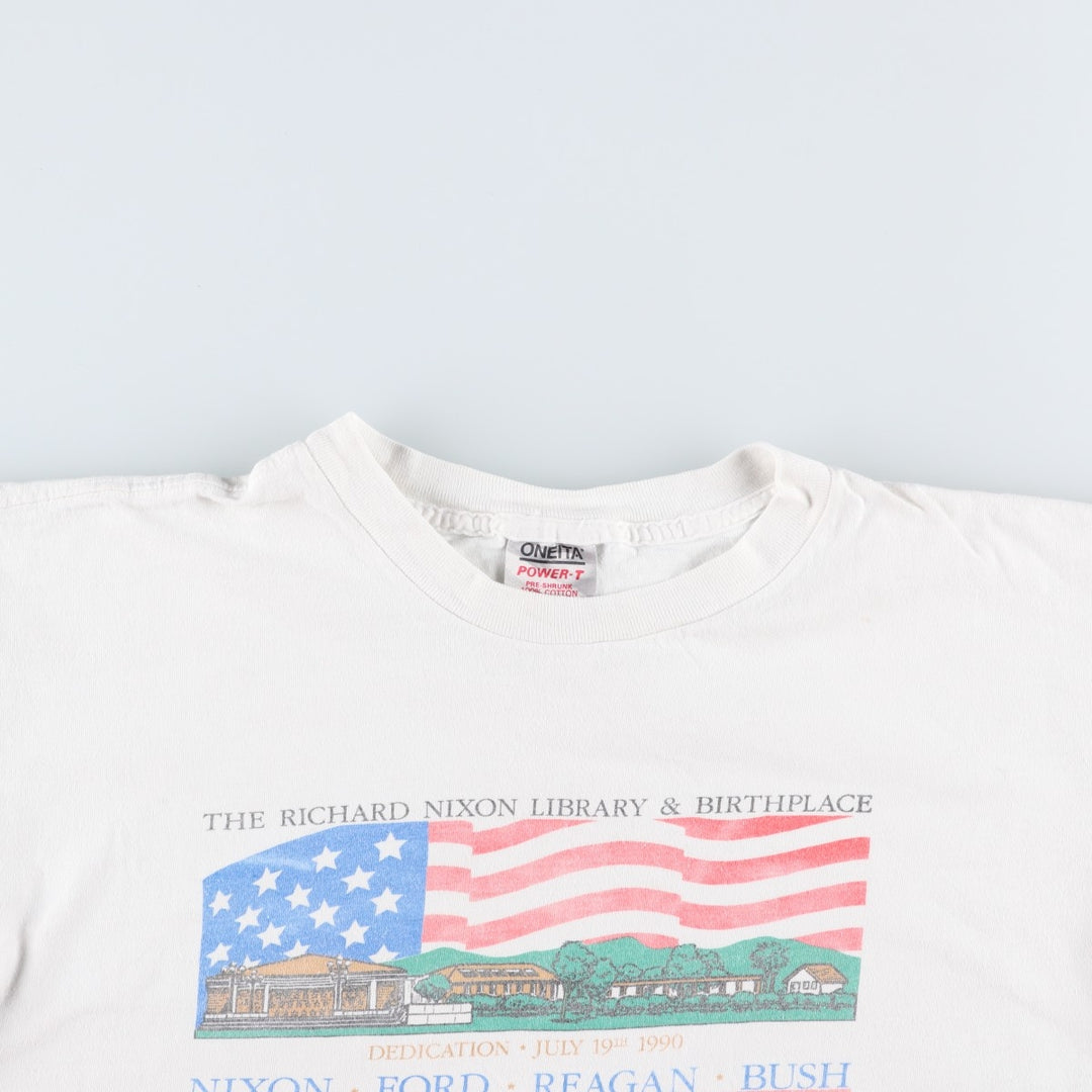 90'S ONEITA POWER-T American flag print T-shirt, Made in USA, Men's XL equivalent, Vintage cotton white type Vintage Second Hand