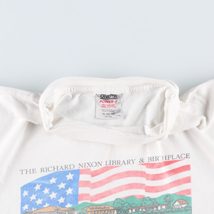 90'S ONEITA POWER-T American flag print T-shirt, Made in USA, Men's XL equivalent, Vintage cotton white type Vintage Second Hand