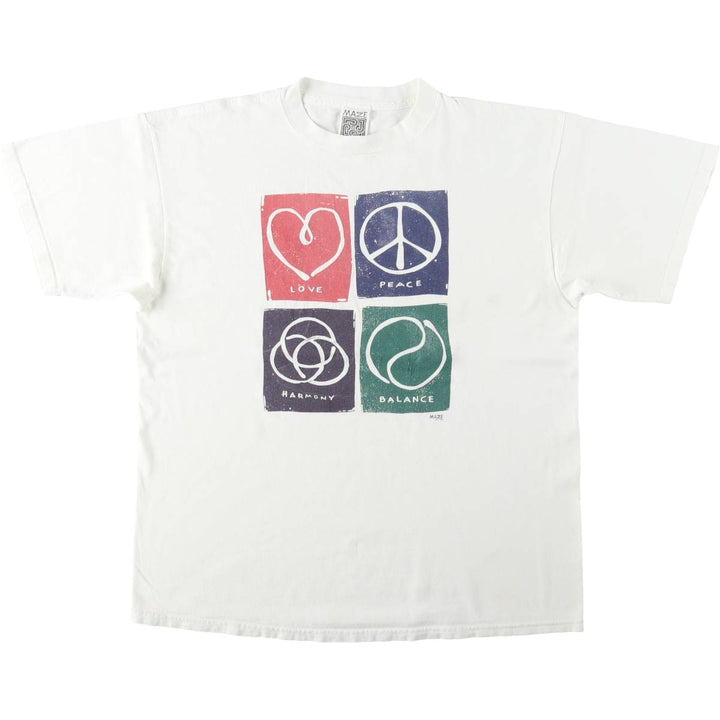 90'S MAZE Peace Sign Print T-Shirt, Made in USA, Men's XL (approx.), Vintage cotton white type Vintage Second Hand