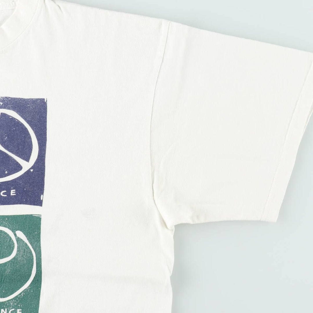 90'S MAZE Peace Sign Print T-Shirt, Made in USA, Men's XL (approx.), Vintage cotton white type Vintage Second Hand