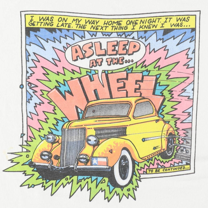 80'S Hanes BEEFY-T Blue Tag ASLEEP At The Wheel Band T-Shirt, Made in USA, Men's XL equivalent, Vintage cotton white type Vintage Second Hand